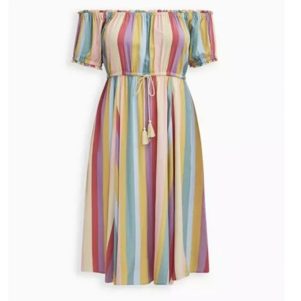 Torrid Pastel Stripes M Challis Off‎ Shoulder Midi Dress Size 2X Pockets Tassels